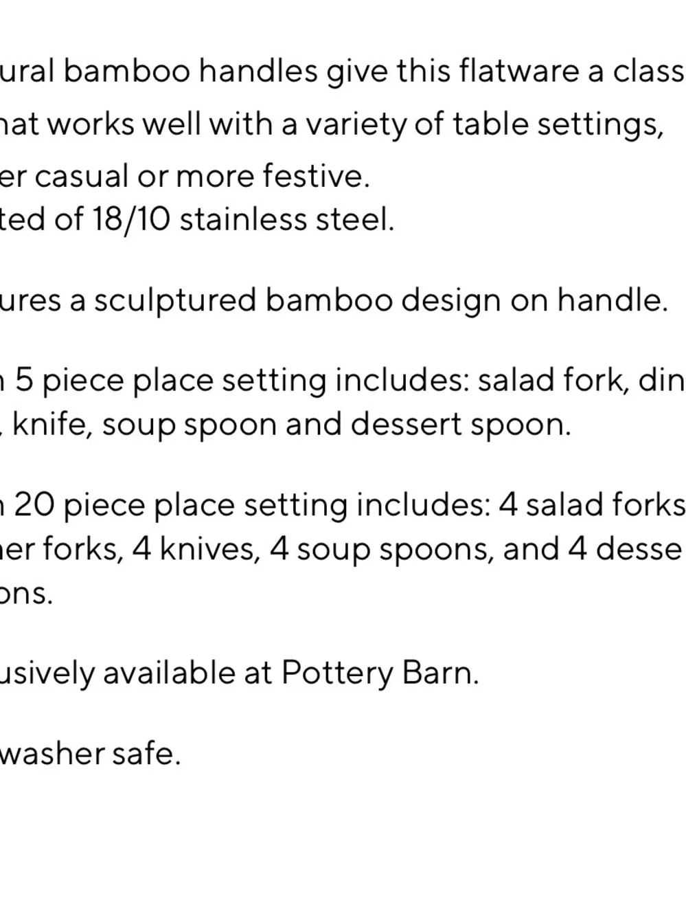 Four- Pottery Barn Silver Bamboo-Handle Flatware Sets